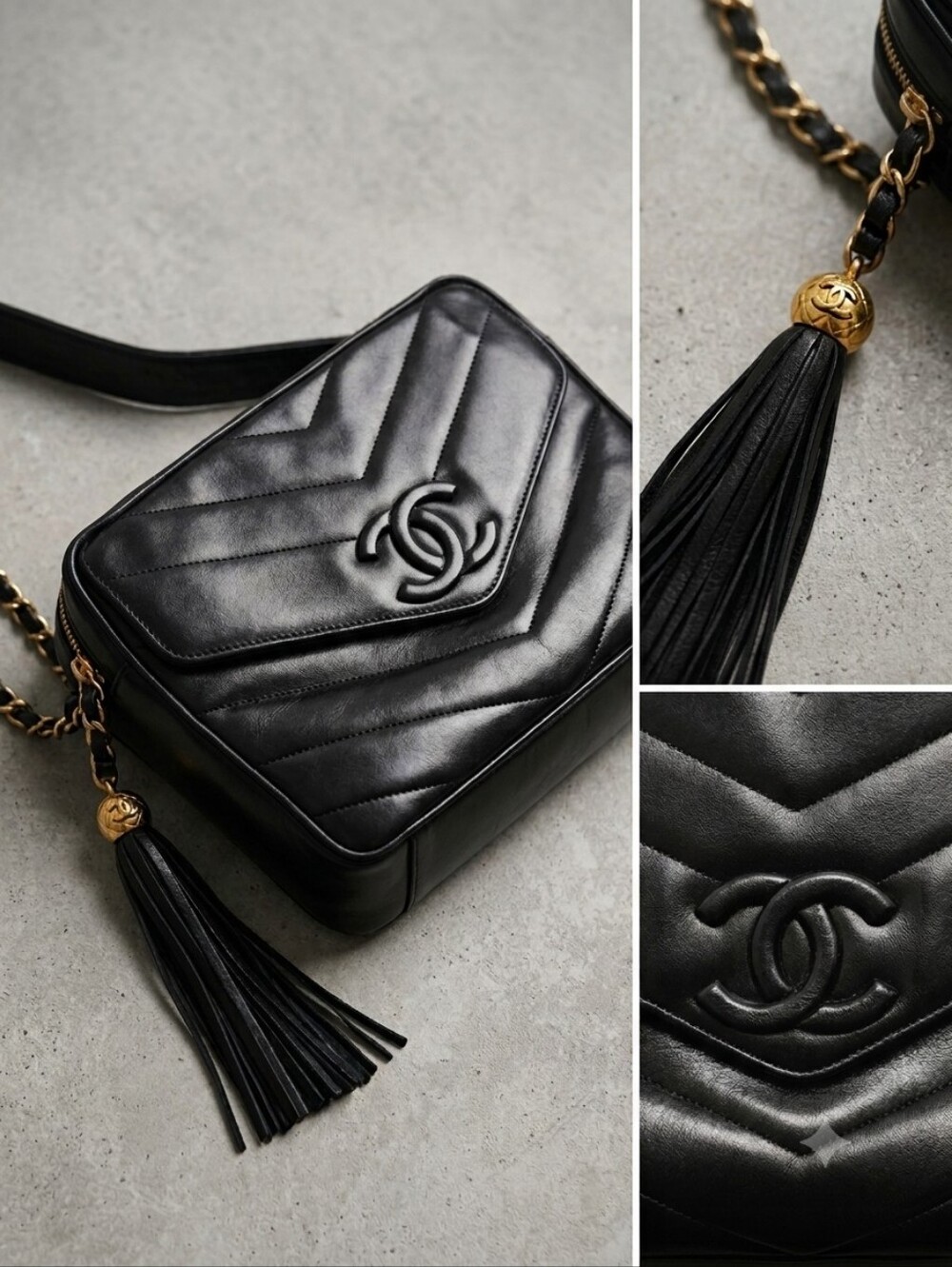AUTHENTIC Vintage Chanel Black Chevron Leather Tassel Camera Bag (3-Series)